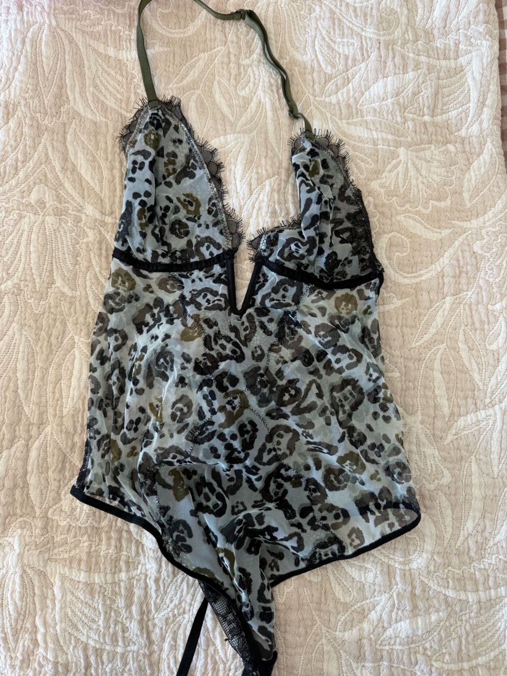 Victoria's Secret Olive & Black Sheer Leopard-Print Lace Trim Teddy